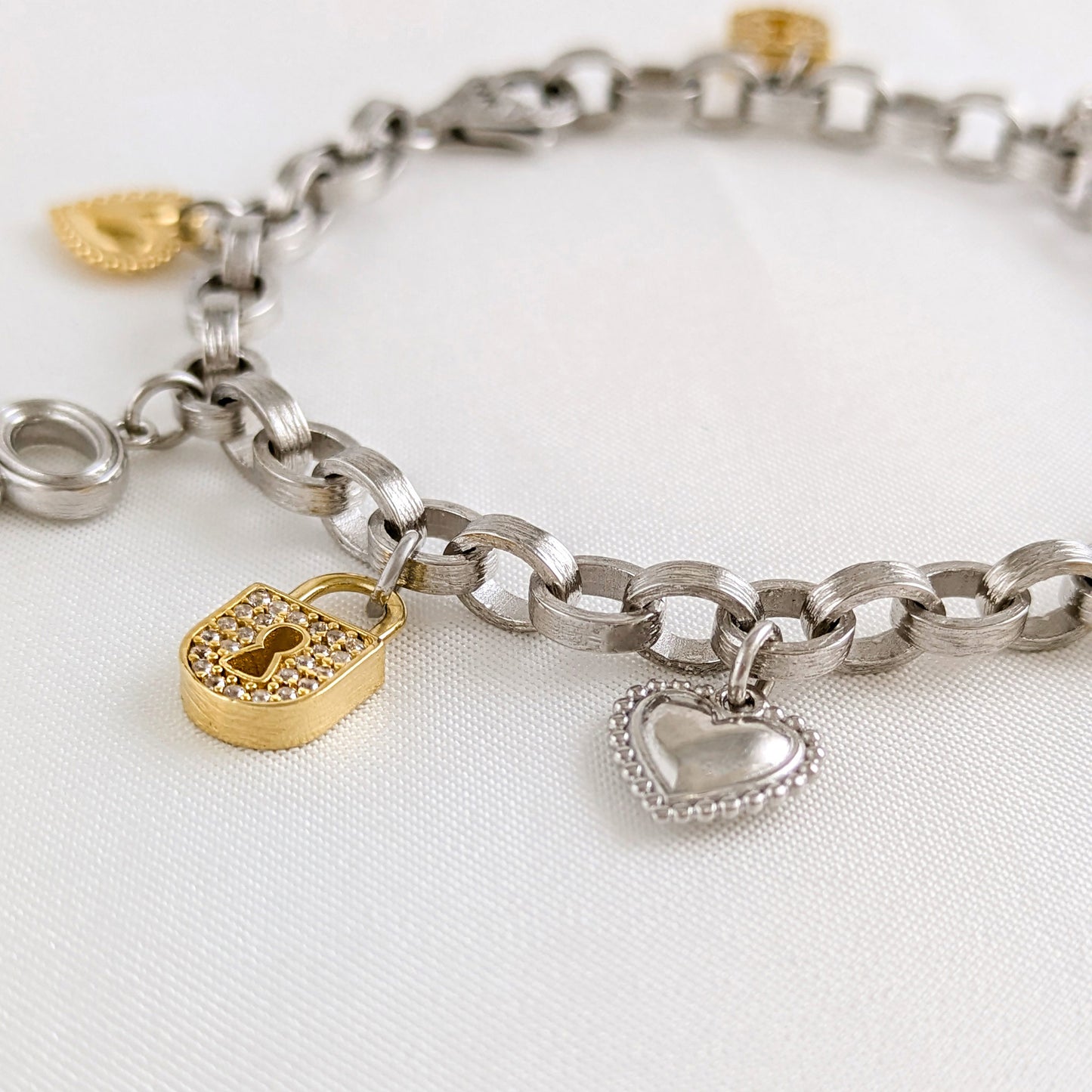 Heart, Key & Lock Charm Bracelet – Sterling Silver with Preciosa Crystals