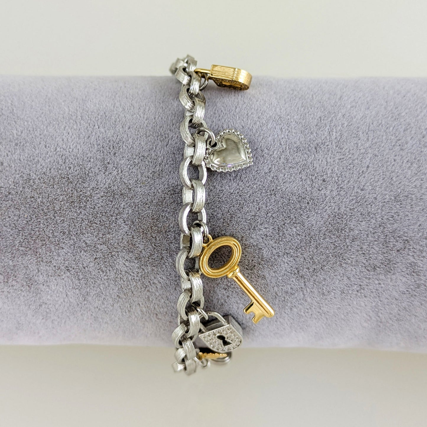 Heart, Key & Lock Charm Bracelet – Sterling Silver with Preciosa Crystals
