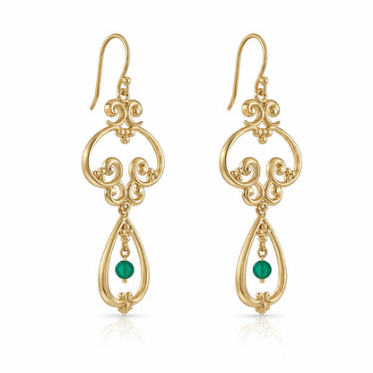 Scrollwork Vintage Style Drop Earrings White or Green Agate