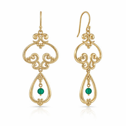 Scrollwork Vintage Style Drop Earrings White or Green Agate