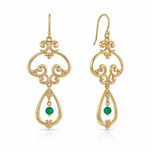 Scrollwork Vintage Style Drop Earrings White or Green Agate