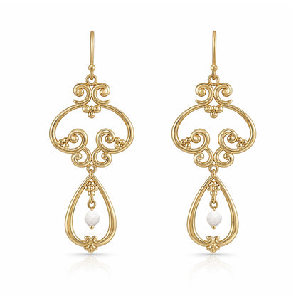 Scrollwork Vintage Style Drop Earrings White or Green Agate