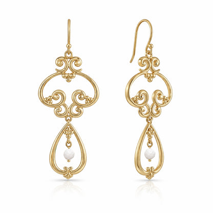 Scrollwork Vintage Style Drop Earrings White or Green Agate