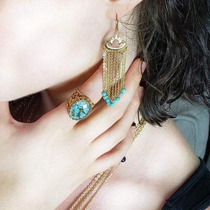 Turquoise Magnesite and Black Onyx Beaded Chain Fringe Earrings - TurkishBling