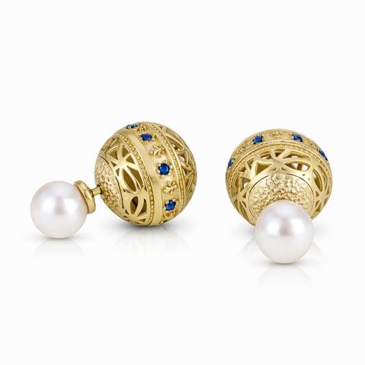 Blue Sapphire CZ Pearl Stud Earrings Double Ball Gold Over Silver