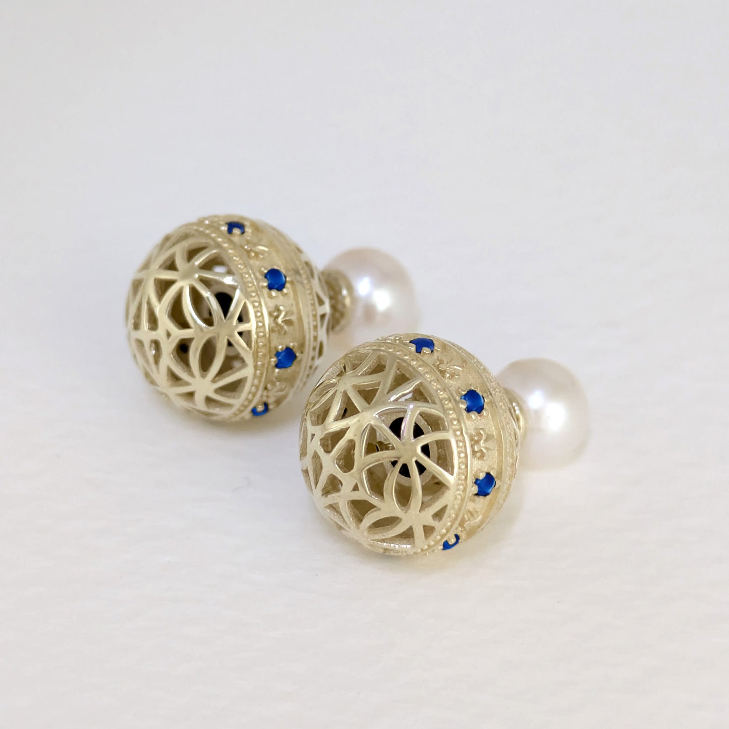 Blue Sapphire CZ Pearl Stud Earrings Double Ball Gold Over Silver