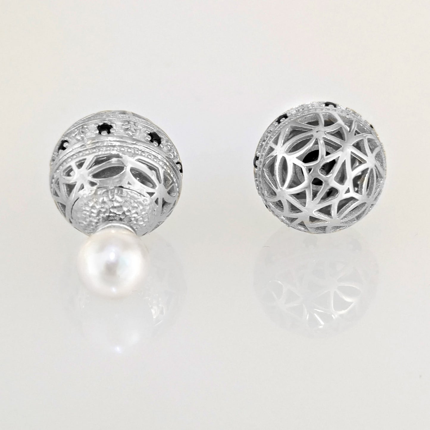 Black Spinel Pearl Stud Earrings Double Ball Gold Over Bronze