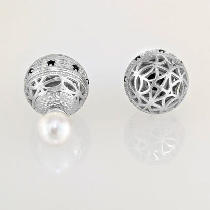 Black Spinel Pearl Stud Earrings Double Ball Gold Over Bronze