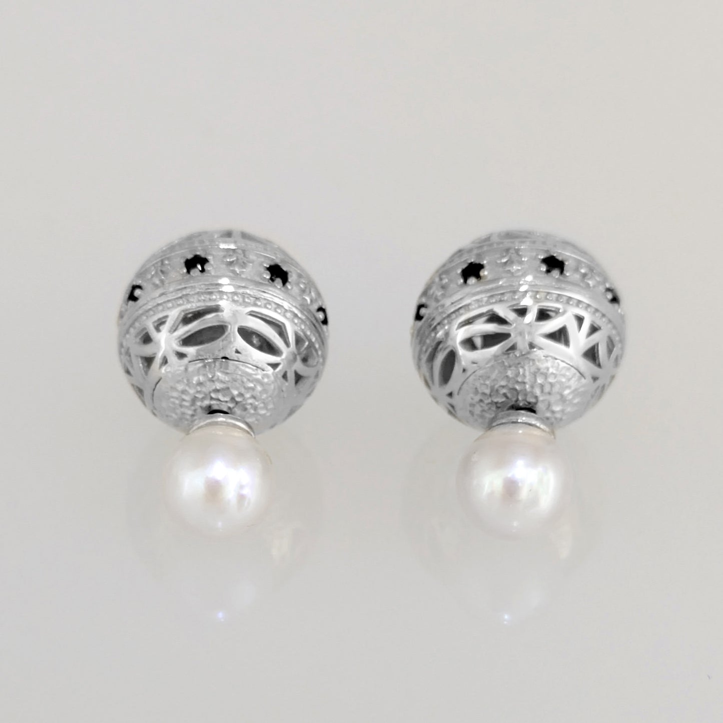 Black Spinel Pearl Stud Earrings Double Ball Gold Over Bronze