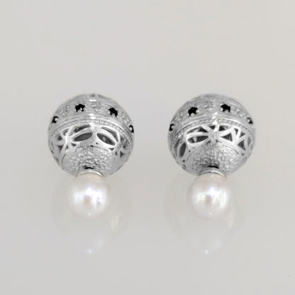 Black Spinel Pearl Stud Earrings Double Ball Gold Over Bronze