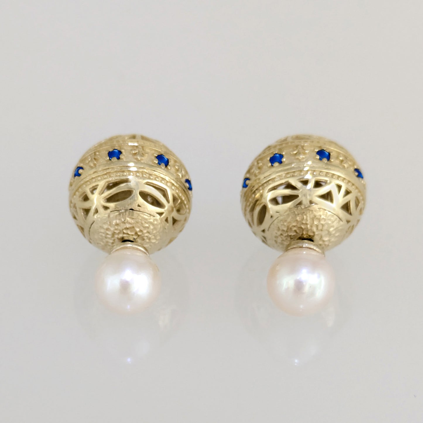 Blue Sapphire CZ Pearl Stud Earrings Double Ball Gold Over Silver