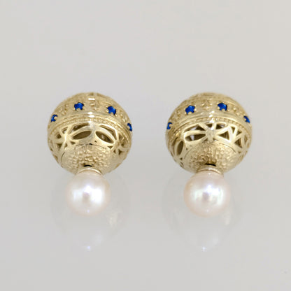 Blue Sapphire CZ Pearl Stud Earrings Double Ball Gold Over Silver
