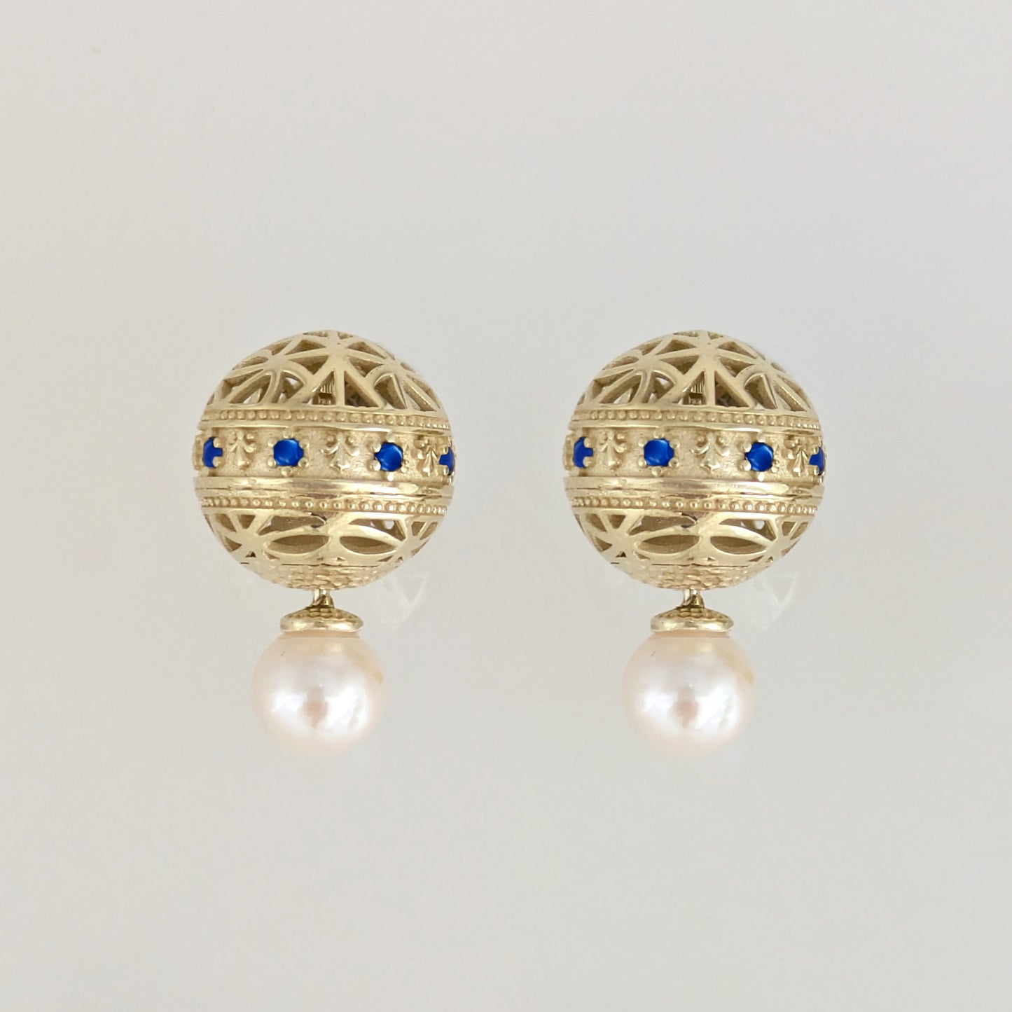 Blue Sapphire CZ Pearl Stud Earrings Double Ball Gold Over Silver