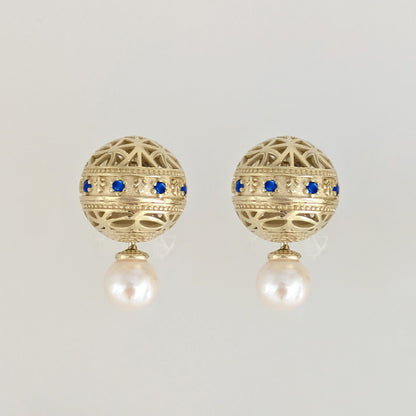 Blue Sapphire CZ Pearl Stud Earrings Double Ball Gold Over Silver