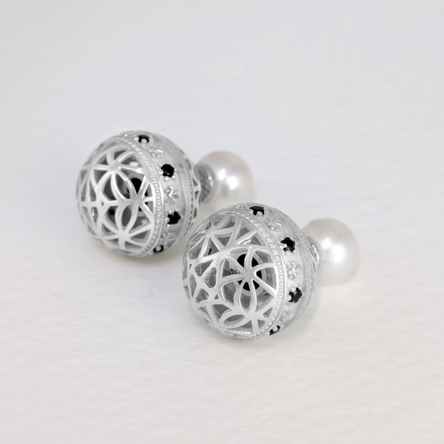 Black Spinel Pearl Stud Earrings Double Ball Gold Over Bronze