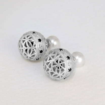 Black Spinel Pearl Stud Earrings Double Ball Gold Over Bronze