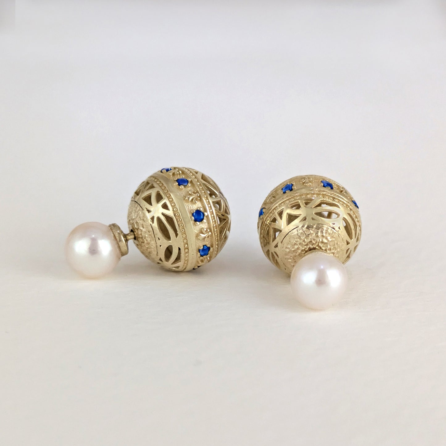Blue Sapphire CZ Pearl Stud Earrings Double Ball Gold Over Silver