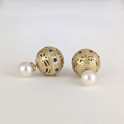 Blue Sapphire CZ Pearl Stud Earrings Double Ball Gold Over Silver