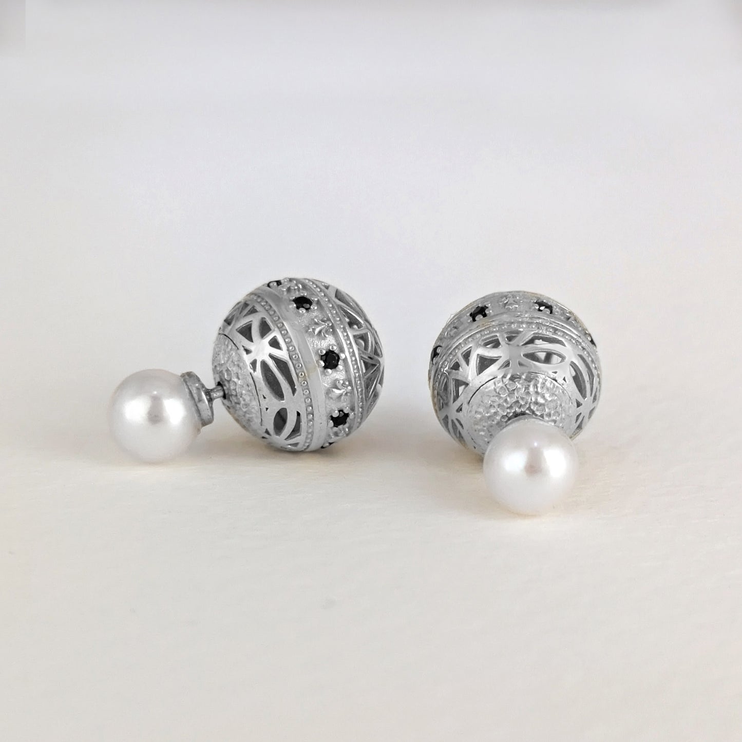 Black Spinel Pearl Stud Earrings Double Ball Gold Over Bronze