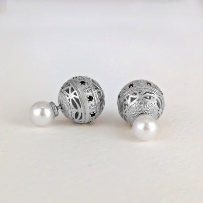 Black Spinel Pearl Stud Earrings Double Ball Gold Over Bronze