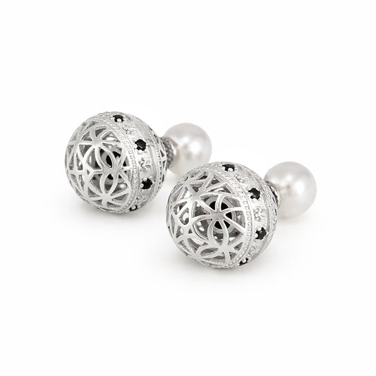 Black Spinel Pearl Stud Earrings Double Ball Gold Over Bronze