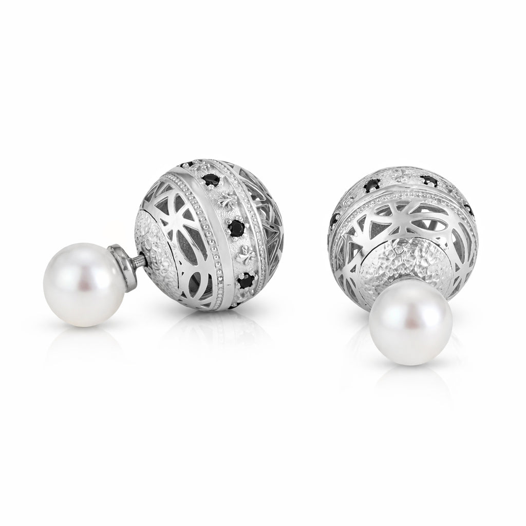 Black Spinel Pearl Stud Earrings Double Ball Gold Over Bronze