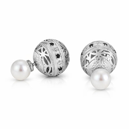 Black Spinel Pearl Stud Earrings Double Ball Gold Over Bronze