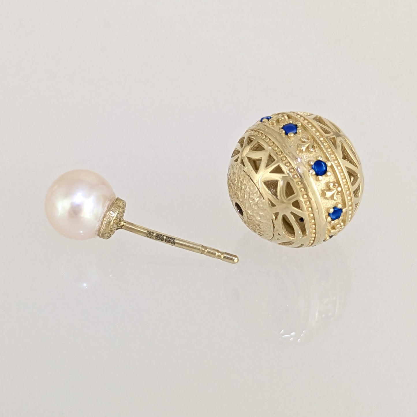 Blue Sapphire CZ Pearl Stud Earrings Double Ball Gold Over Silver