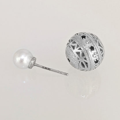 Black Spinel Pearl Stud Earrings Double Ball Gold Over Bronze