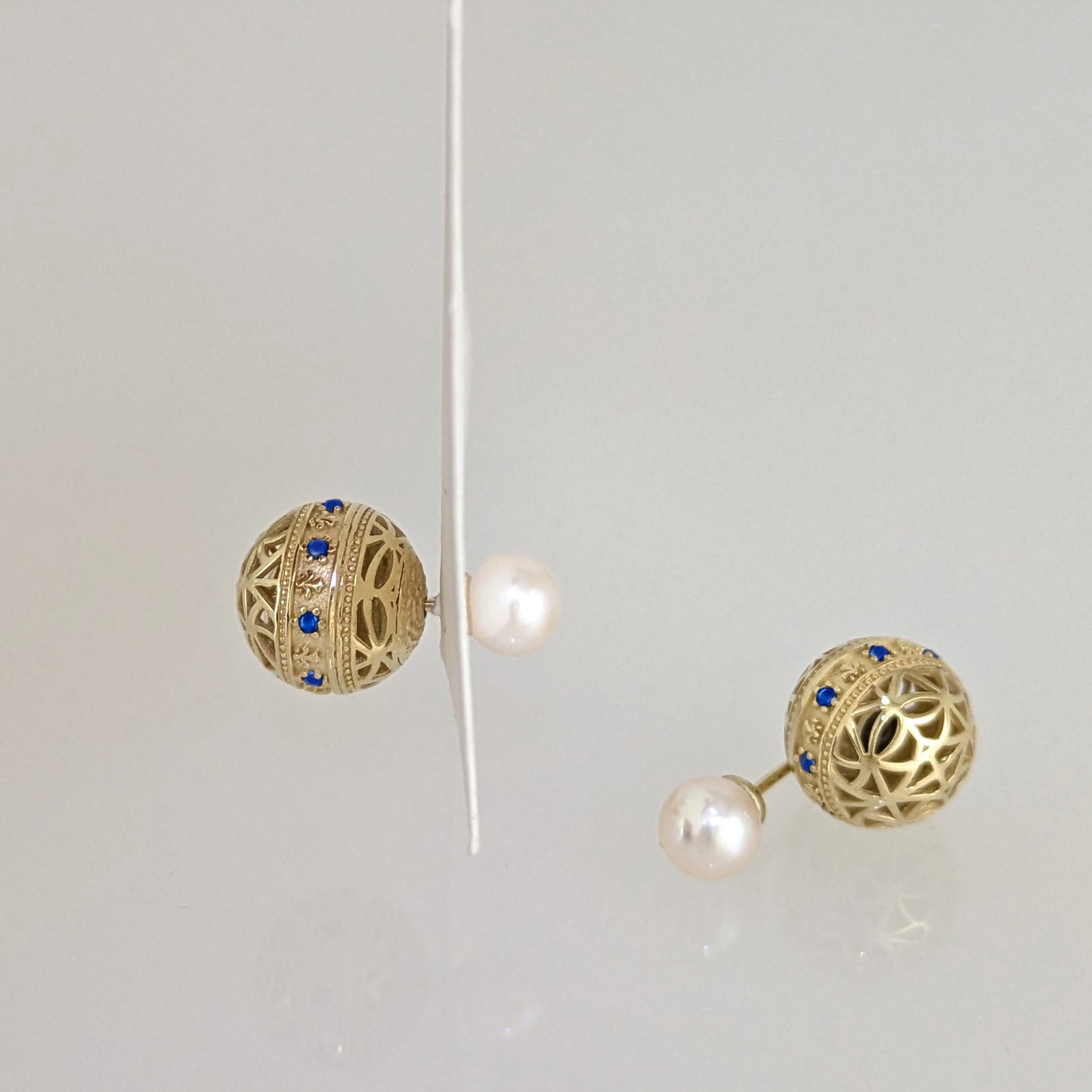 Blue Sapphire CZ Pearl Stud Earrings Double Ball Gold Over Silver