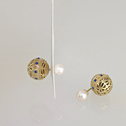 Blue Sapphire CZ Pearl Stud Earrings Double Ball Gold Over Silver