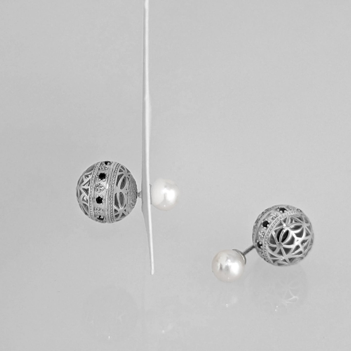 Black Spinel Pearl Stud Earrings Double Ball Gold Over Bronze