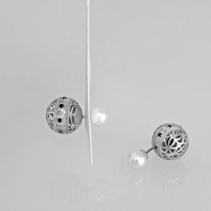 Black Spinel Pearl Stud Earrings Double Ball Gold Over Bronze