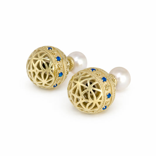 Blue Sapphire CZ Pearl Stud Earrings Double Ball Gold Over Silver