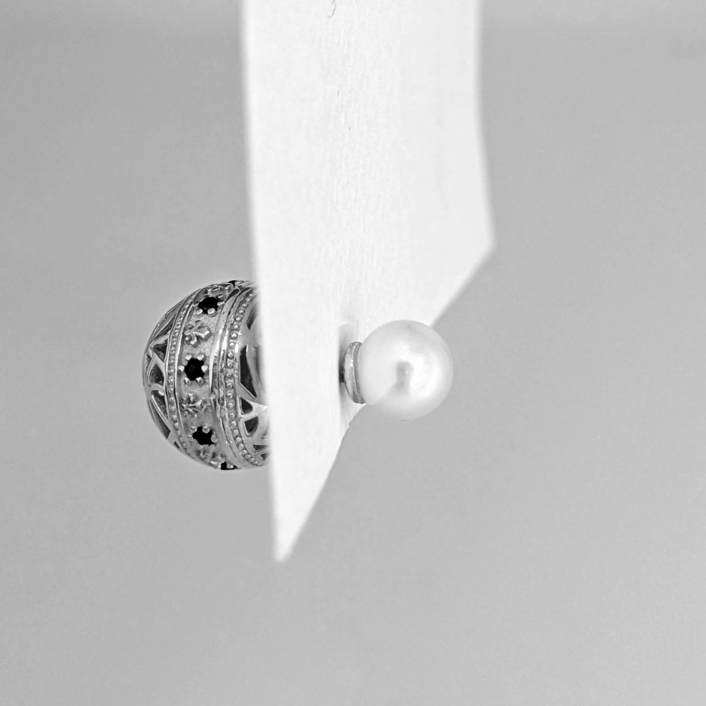 Black Spinel Pearl Stud Earrings Double Ball Gold Over Bronze