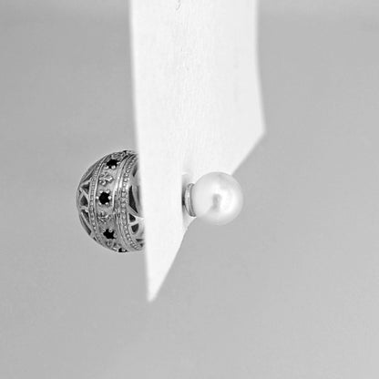 Black Spinel Pearl Stud Earrings Double Ball Gold Over Bronze