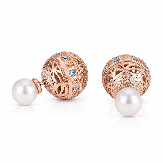 Swiss Blue Topaz & Freshwater Pearl Reversible Stud Earrings -Rose gold over sterling silver