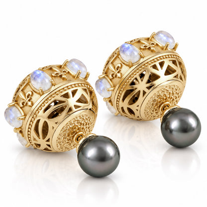 Moonstone & Black Pearl Statement Earrings – Fleur-de-Lis Openwork Design