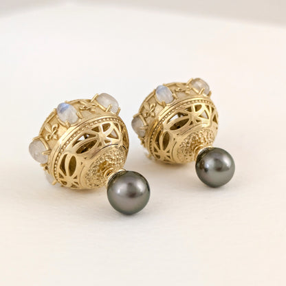 Moonstone & Black Pearl Statement Earrings – Fleur-de-Lis Openwork Design