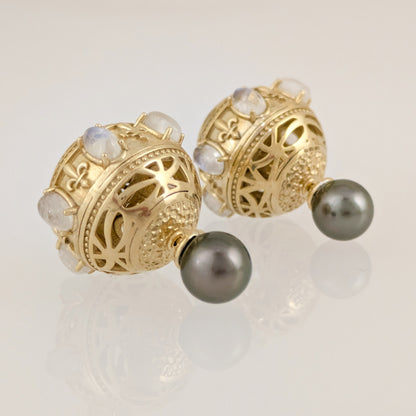 Moonstone & Black Pearl Statement Earrings – Fleur-de-Lis Openwork Design