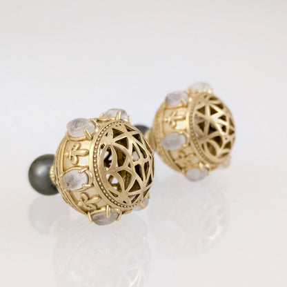 Moonstone & Black Pearl Statement Earrings – Fleur-de-Lis Openwork Design