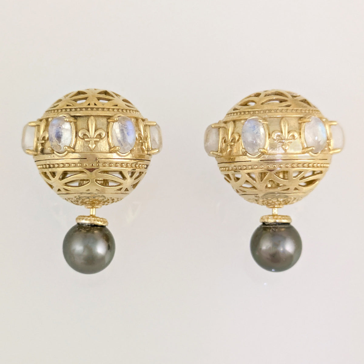 Moonstone & Black Pearl Statement Earrings – Fleur-de-Lis Openwork Design
