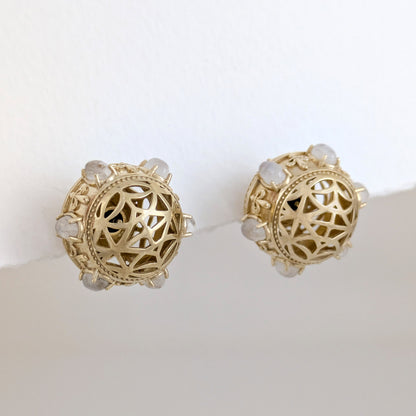 Moonstone & Black Pearl Statement Earrings – Fleur-de-Lis Openwork Design