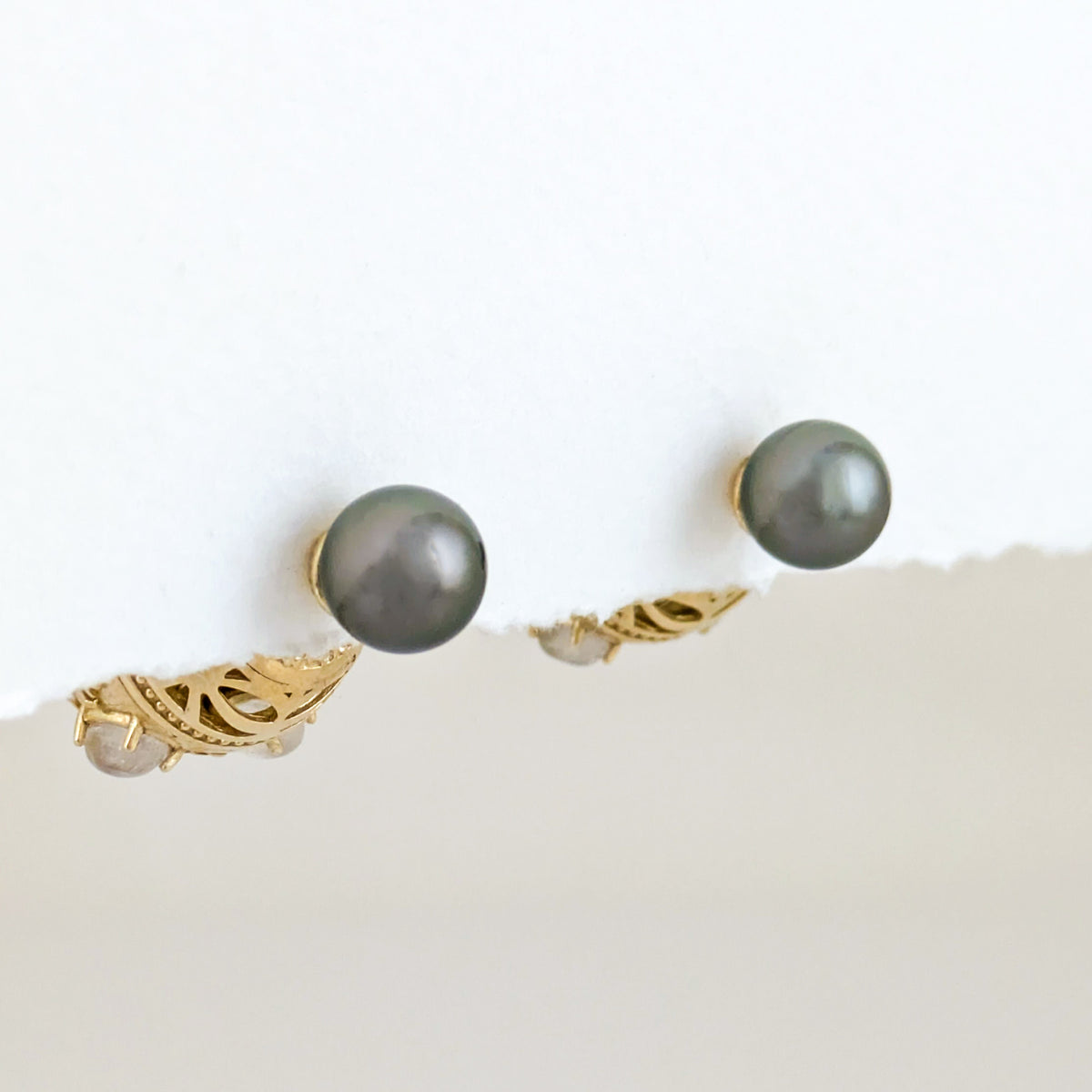 Moonstone & Black Pearl Statement Earrings – Fleur-de-Lis Openwork Design
