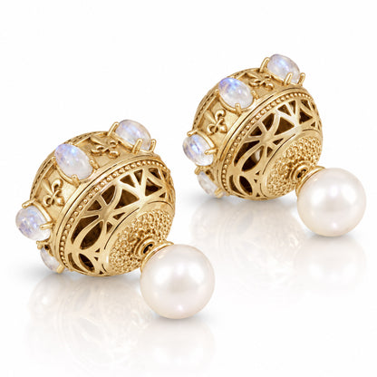 Moonstone & White Pearl Statement Earrings – Fleur-de-Lis Openwork Design
