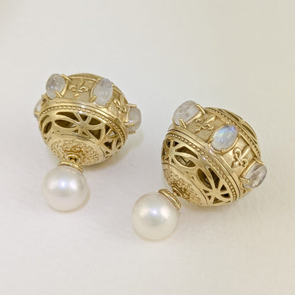 Moonstone & White Pearl Statement Earrings – Fleur-de-Lis Openwork Design