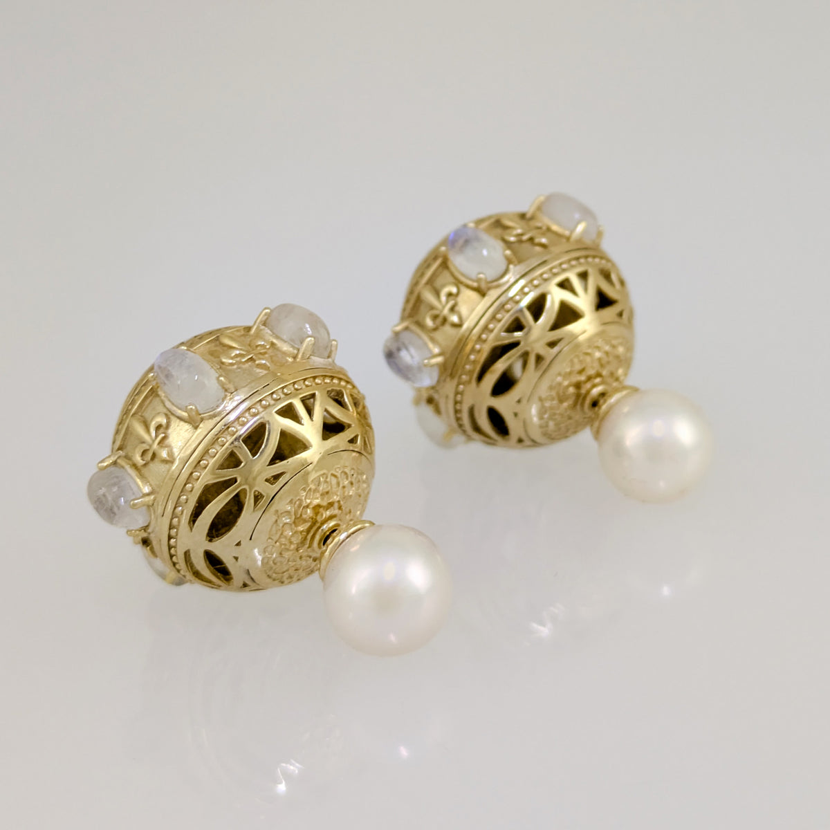 Moonstone & White Pearl Statement Earrings – Fleur-de-Lis Openwork Design