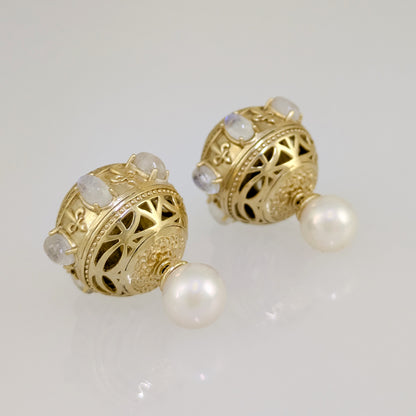 Moonstone & White Pearl Statement Earrings – Fleur-de-Lis Openwork Design