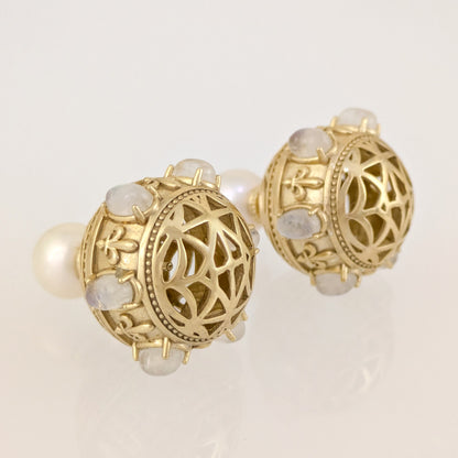 Moonstone & White Pearl Statement Earrings – Fleur-de-Lis Openwork Design