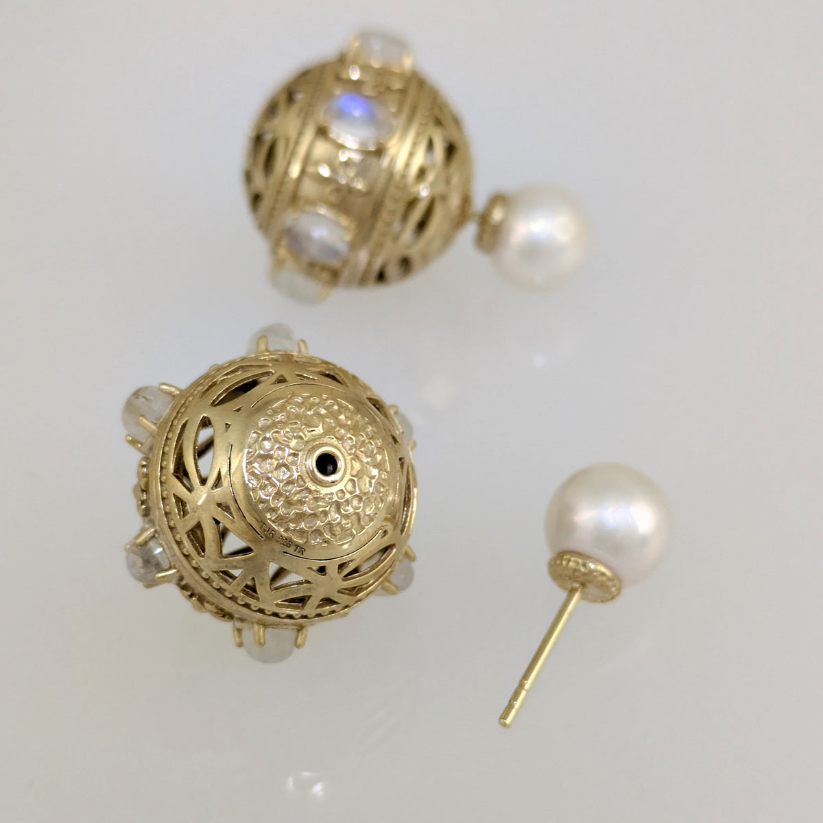 Moonstone & White Pearl Statement Earrings – Fleur-de-Lis Openwork Design